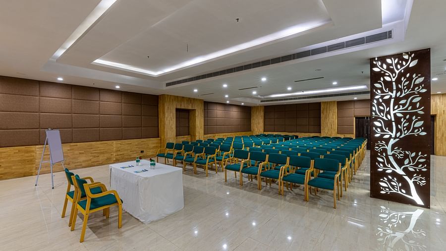 green seats arranged in a theatre seating style at one of the banquet halls in Ranthambore 2
