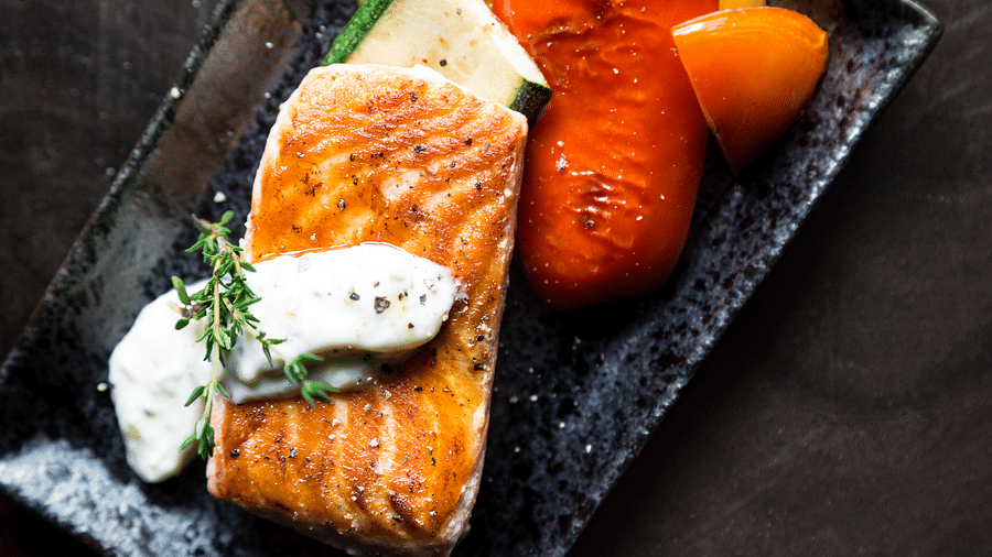 Canva - Grilled Salmon Fish on Rectangular Black Ceramic Plate