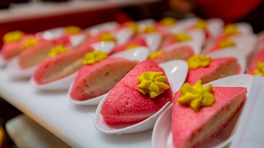 pink dessert with mint green frosting at orchid hotel mumbai vile parle