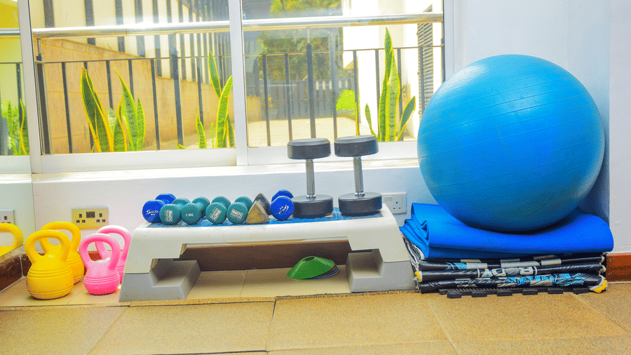 Fitness accessories including yoga ball and dumbbells at The Zehneria, Nairobi