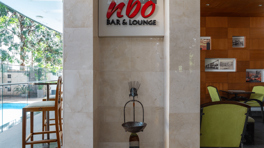 Entrance sign of NBO Bar restaurant at The Zehneria, Nairobi