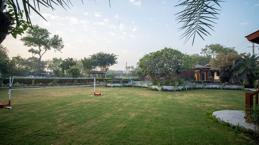 Green lawn at Themis Farm House shows a swing set, various trees and plants, and a glimpse of buildings under a bright sky.