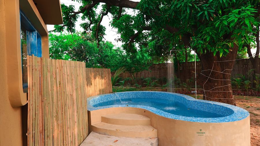 an outdoor plunge pool surrounded by trees at Themis Mudhouse - A Nature's Retreat Resort & Wellness