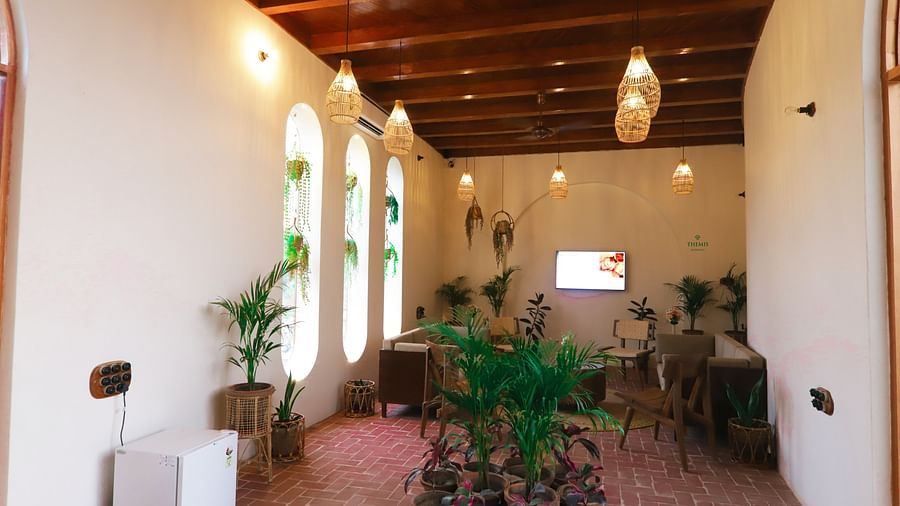 sitting area of the villa decked with couches and television at Themis Mudhouse - A Nature's Retreat Resort & Wellness