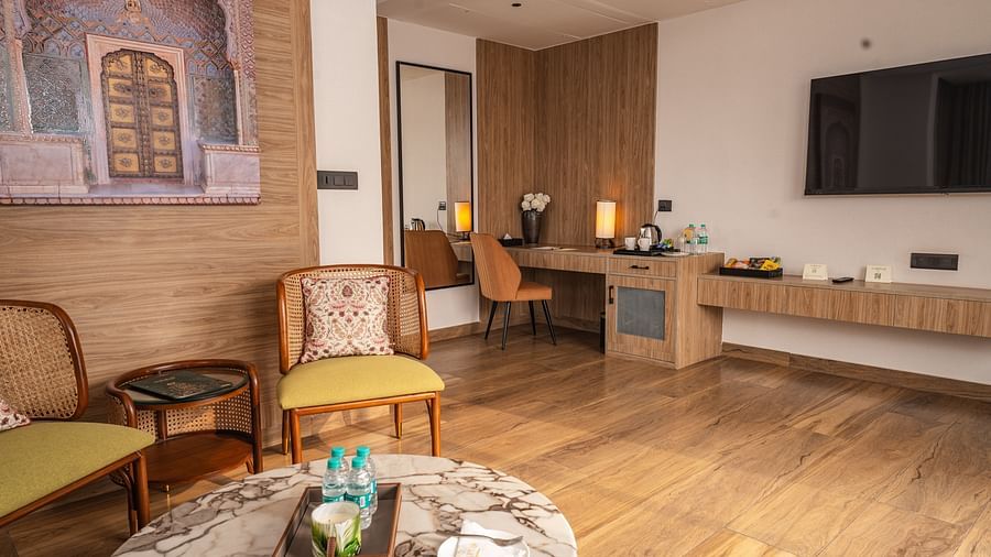 living room of the suite at Triptam Hotel, Vrindavan