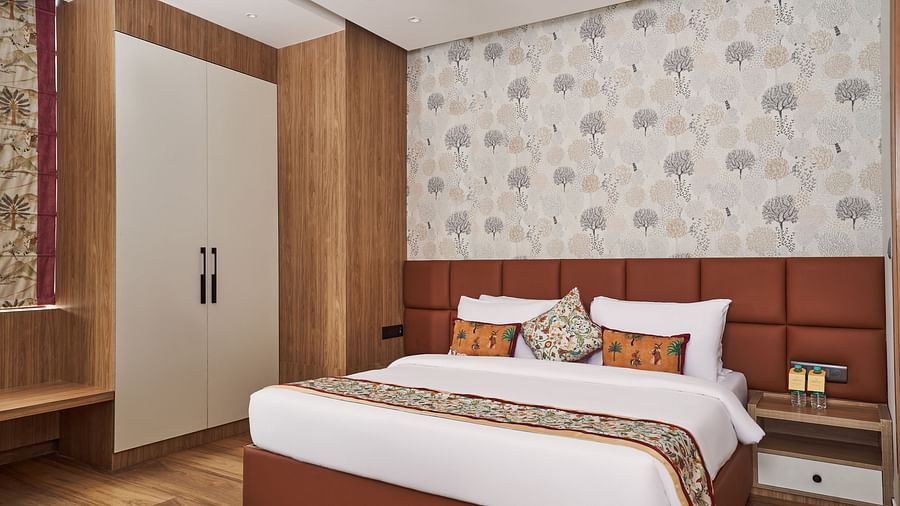 a double bed in the suite at Triptam Hotel, Vrindavan
