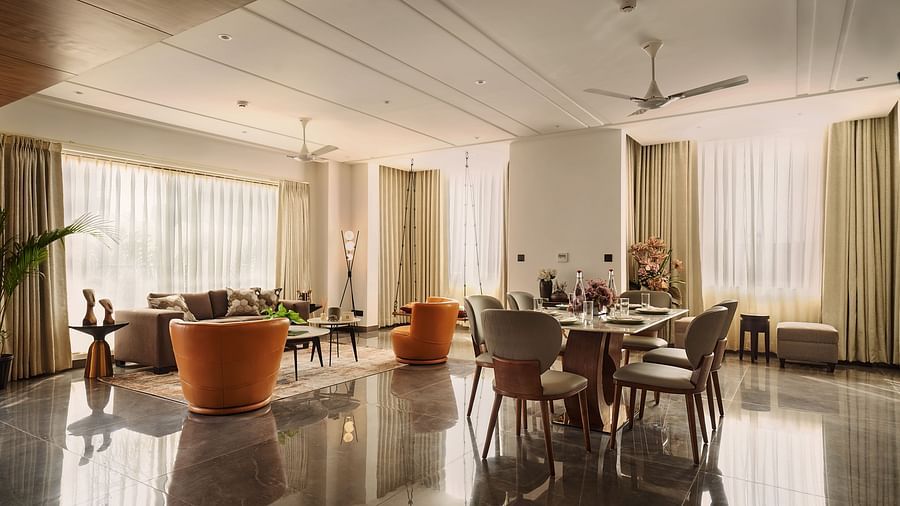 view of the living room of the presidential suite at Triptam Hotel, Vrindavan