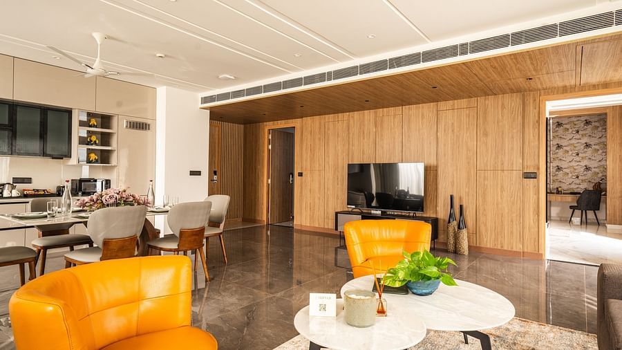 living room of the presidential suite at Triptam Hotel, Vrindavan