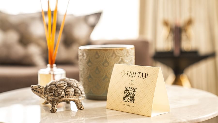 decorations on a table in the presidential suite at Triptam Hotel, Vrindavan
