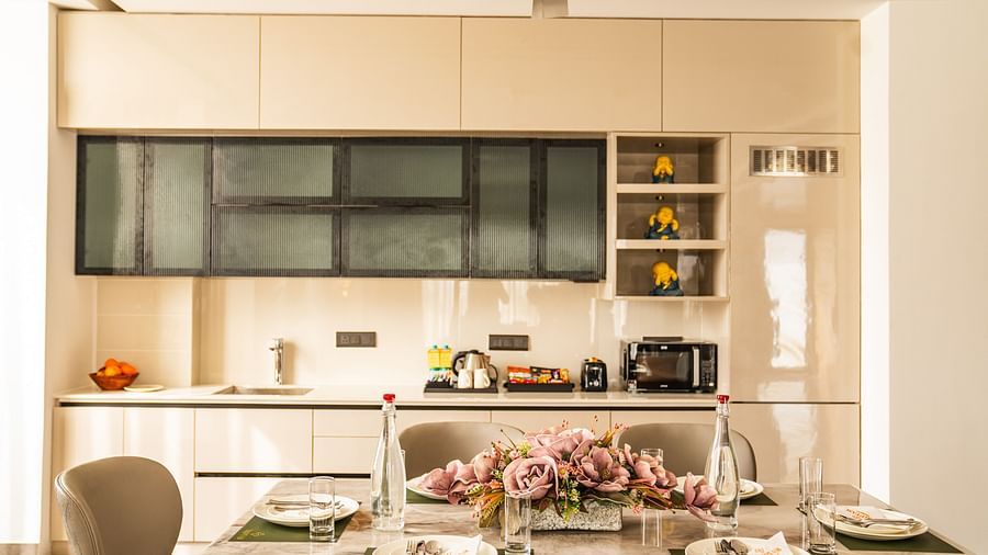 kitchenette and dining area of the presidential suite at Triptam Hotel, Vrindavan