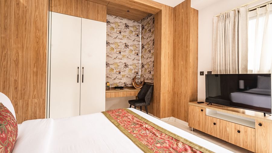 Bedroom of the presidential suite at Triptam Hotel, Vrindavan