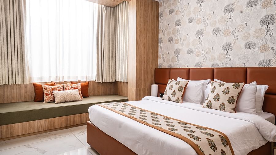 interior of the bedroom of the presidential suite at Triptam Hotel, Vrindavan