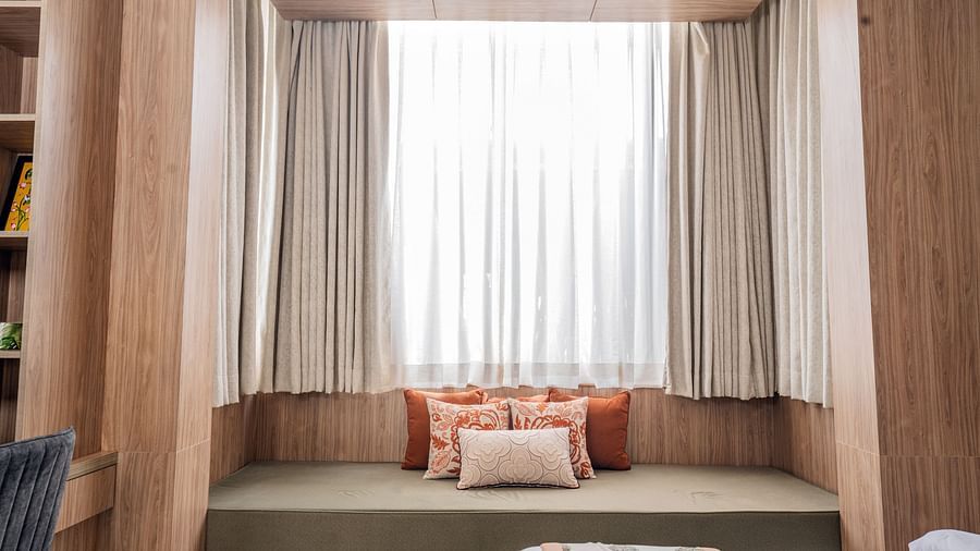 reading nook in the presidential suite at Triptam Hotel, Vrindavan