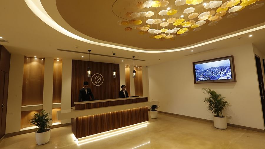 An image of a lobby with ceiling lights, reception desk where two people are standing, flower pot at each corner  of the room at Tulip Inn, Zirakpur