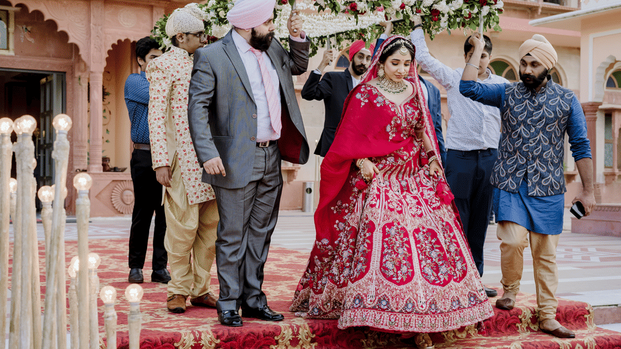 Groom’s wedding procession with family and friends during a traditional baraat entry.