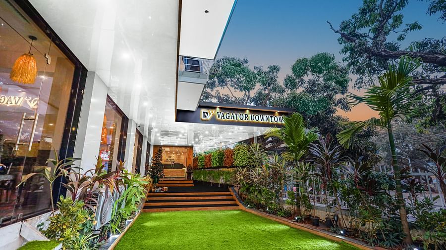 The entrance of at Vagator Downtown, Goa, surrounded by trees at Vagator Downtown, Goa