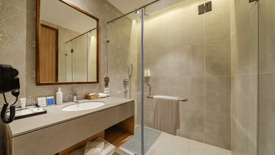 A modern bathroom at Vandhara Sarovar Premiere, Patkote, with a wooden vanity, large mirror, and a glass-enclosed walk-in shower.
