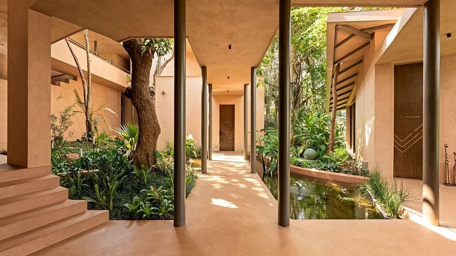 A serene walkway at Villa Moira by V Escapes, with earthy walls, wooden accents, and lush tropical plants growing within the space.