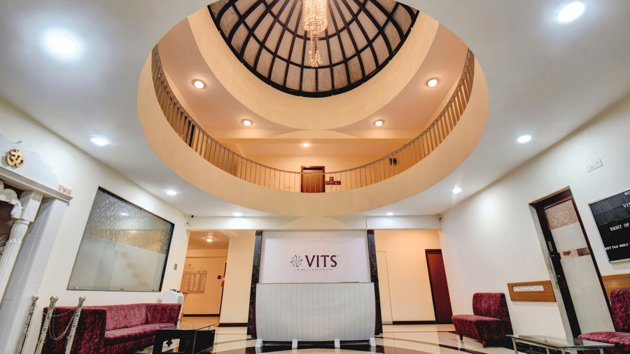Dome ceiling lobby with modern lighting and reception area at VITS Lonavala.
