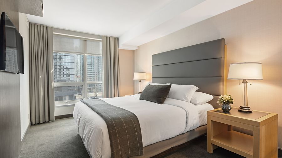 A double bed with cushioned headboard and a side table with a lamp on it