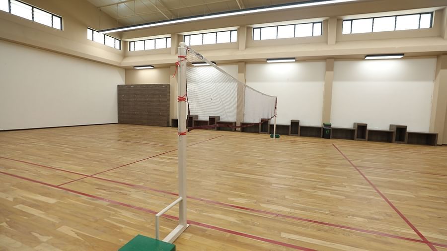 Badminton court with wooden flooring