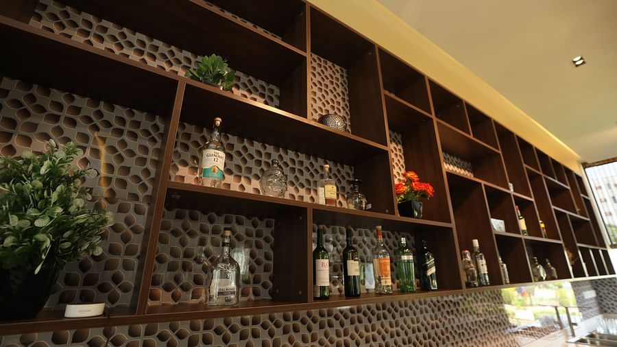Well-stocked bar shelf