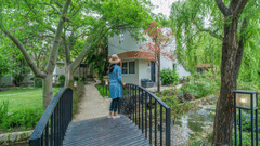 A bridge with a women standing on it which is over a small pond leading to a building surrounded by trees and greenery at The Golden Tusk, Jim Corbett