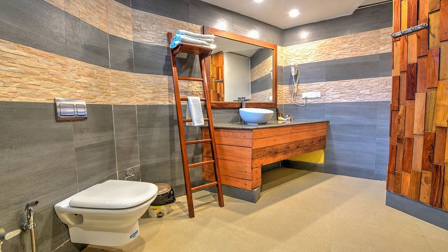 spacious bathroom with wooden interiors