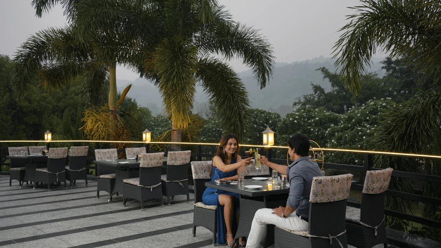 An outdoor seating area with tables and chairs where people are seated surrounded by plants and trees.