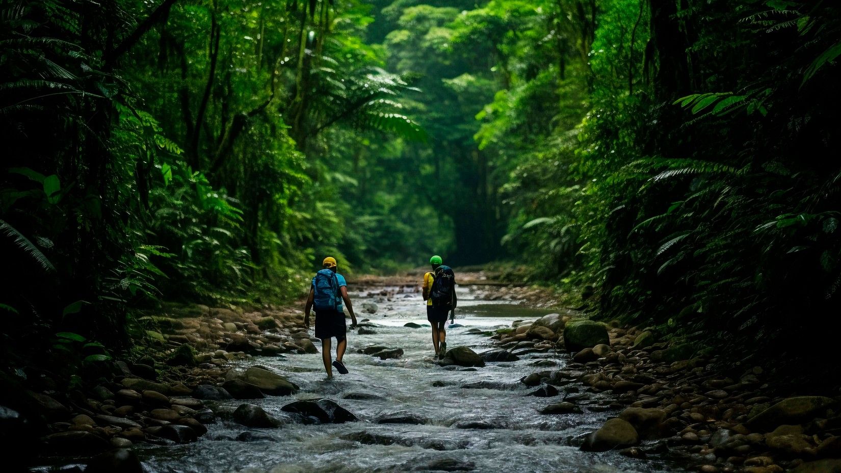 Two people walking with hiking bags on an eerie jungle, towards light.