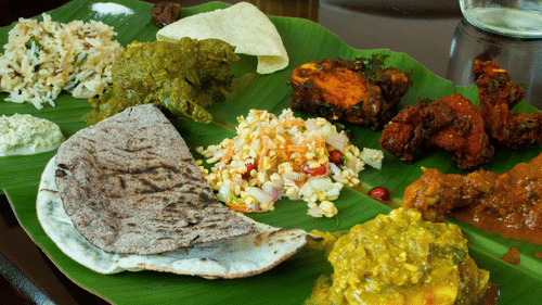 Traditional South Indian meal served on a Banana leaf