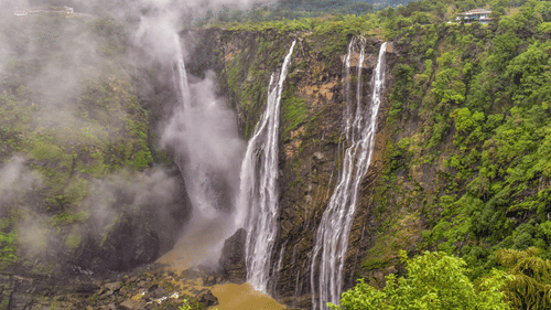 Scenic view of Jog Falls, India’s tallest waterfall, cascading down lush green cliffs amidst misty surroundings.