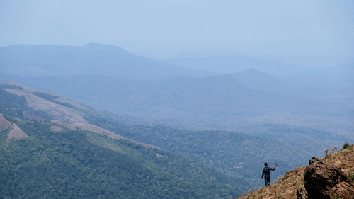 A person standing on top of Mulayanagiri hills while looking at the valley below.