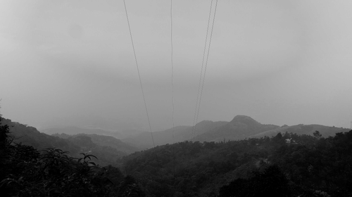 An overview the hills near Madikeri with mist covering the mountains.
