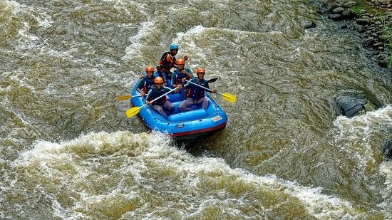 Aerial view of river rafting on a flowing river, showcasing the excitement of adventure amidst the natural landscape.