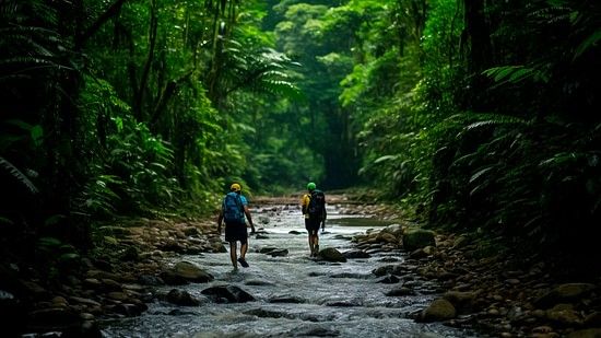 Two people walking with hiking bags on an eerie jungle, towards light.
