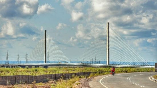 A long, modern cable-stayed bridge with two tall towers spanning over a road and landscape.