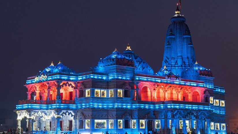 Banke Bihari temple glows in a blue light at night in Vrindavan 