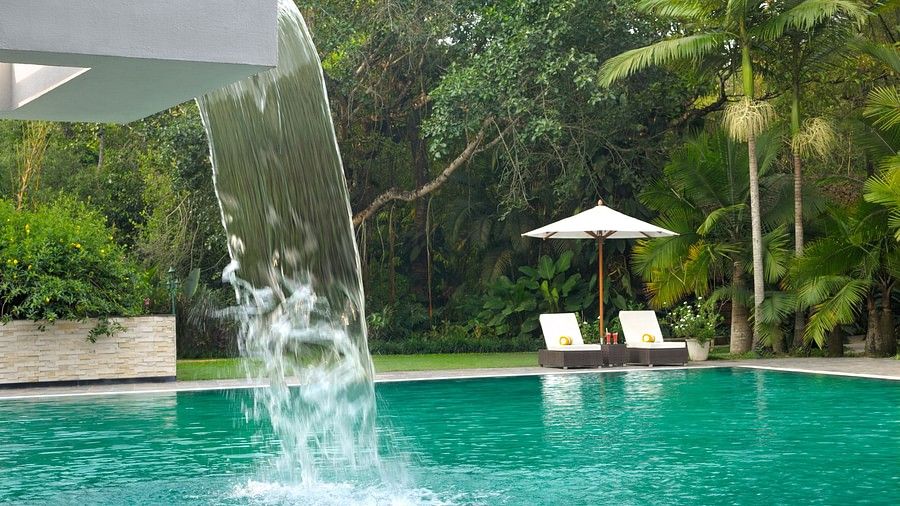 Swimming pool with a waterfall feature surrounded by lush greenery.