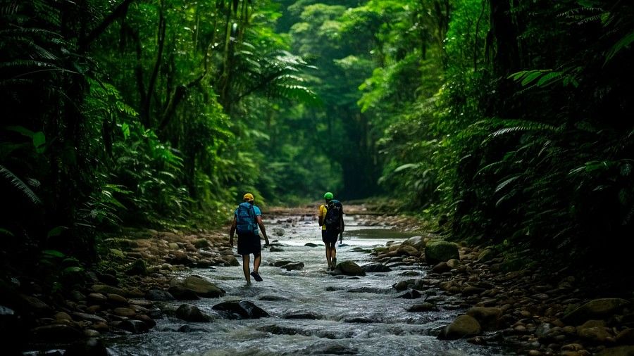 Two people walking with hiking bags on an eerie jungle, towards light.