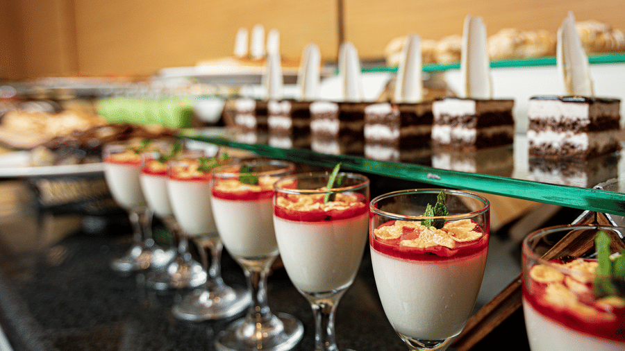 An overview of the dessert items kept on display inside The Chef’s Club at Ramada by Wyndham Addis, Addis Ababa.
