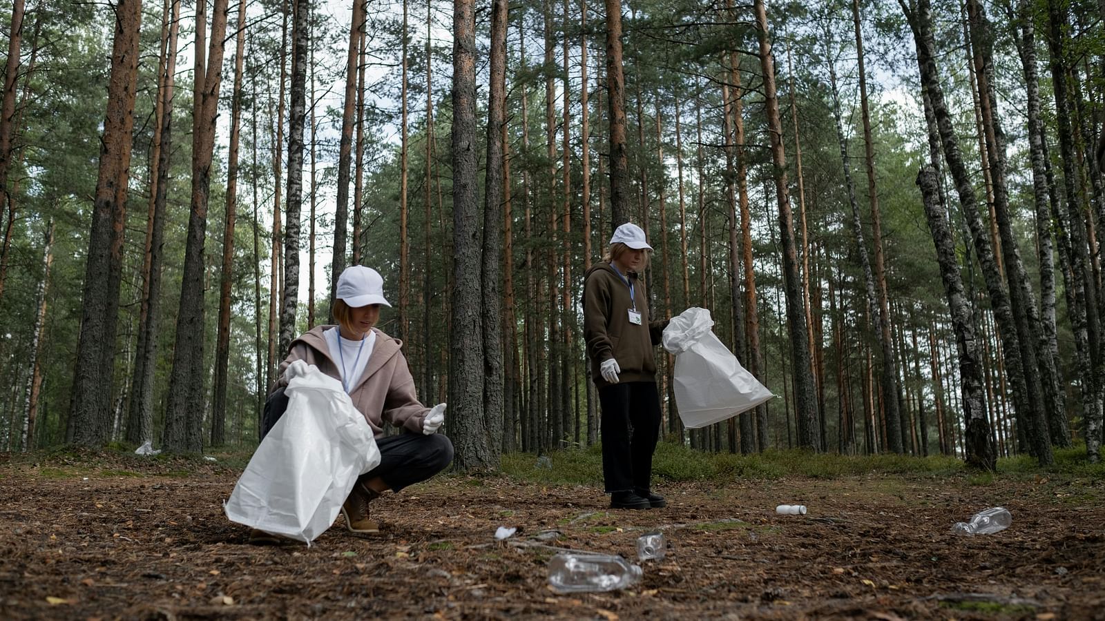 Two people picking up trash in the forest.