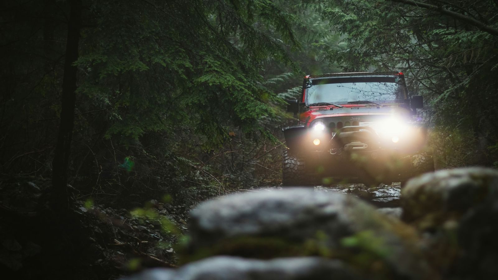 A red jeep with headlights on drives down a rocky, wooded path surrounded by dense green trees.