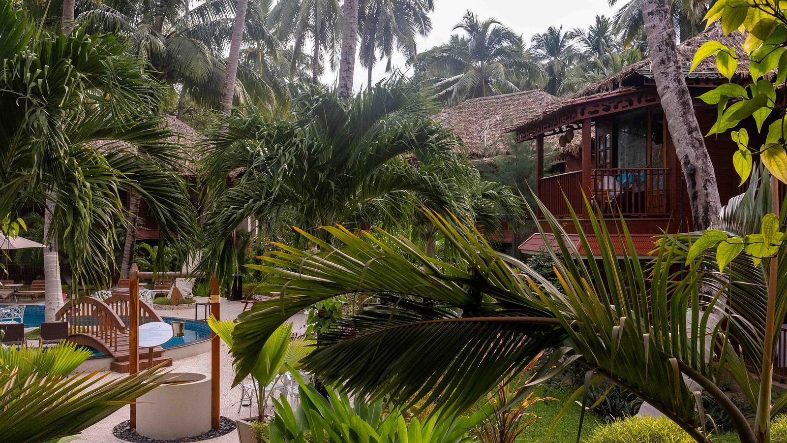 A view of a lush garden area at Coral Reef Resort and Spa in Havelock surrounding a pool, with palm trees and vibrant plants framing the space. The outdoor area is peaceful, creating a perfect environment for relaxation - Coral Reef Resort & Spa, Havelock