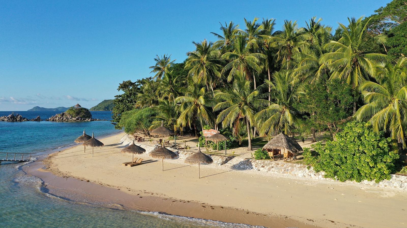 Aerial view of sandy beach lined with palm trees and cottages at Flower Island Resort.