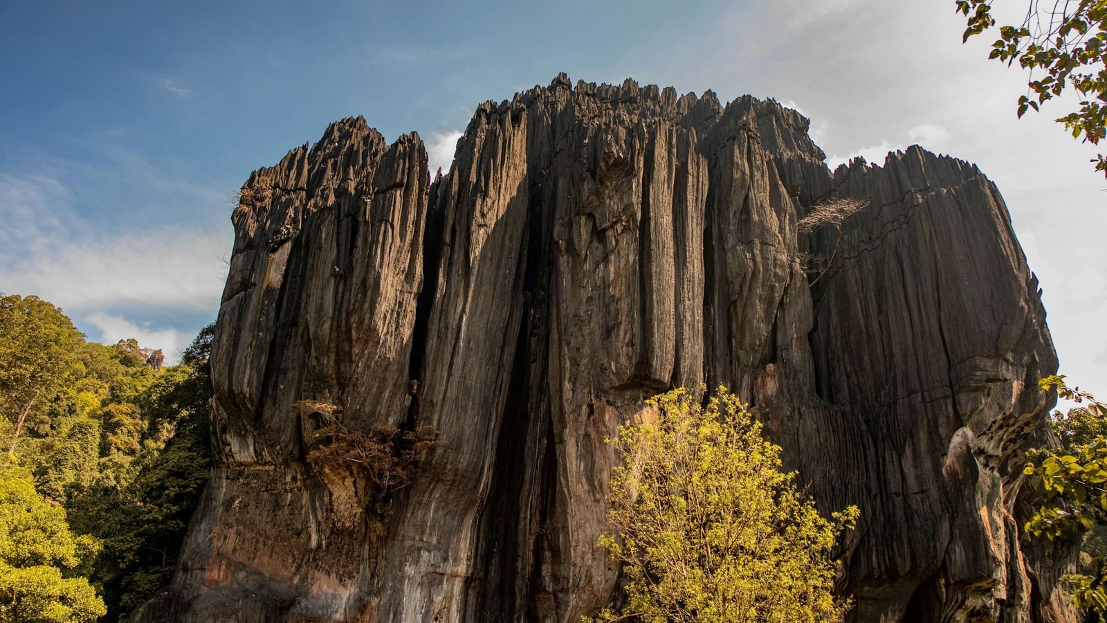 Towering limestone rock formations of Yana Caves rising majestically amidst lush greenery under a clear sky.