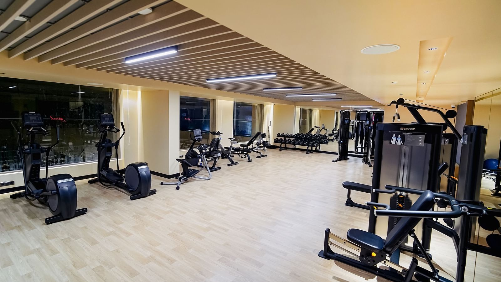 Wide-angle shot of a well-equipped modern gym with various exercise machines and large windows, likely in a residential building - Grand Madurai by GRT Hotels