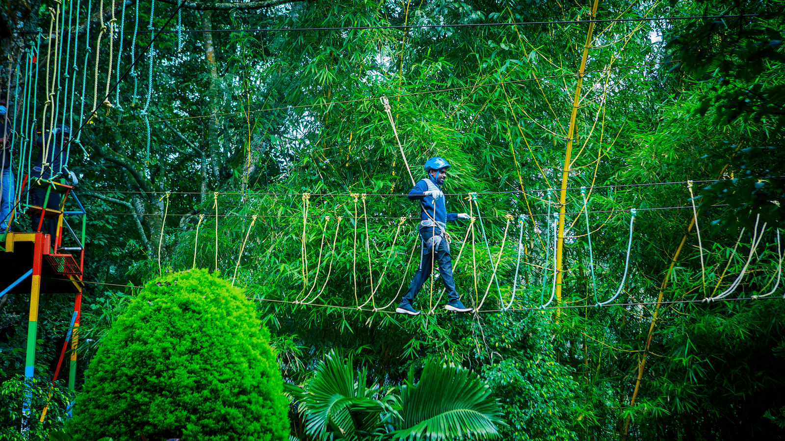 A person wearing a helmet and safety harness walks across a rope bridge in a lush forest canopy. - GReaT trails Yercaud by GRT Hotels
