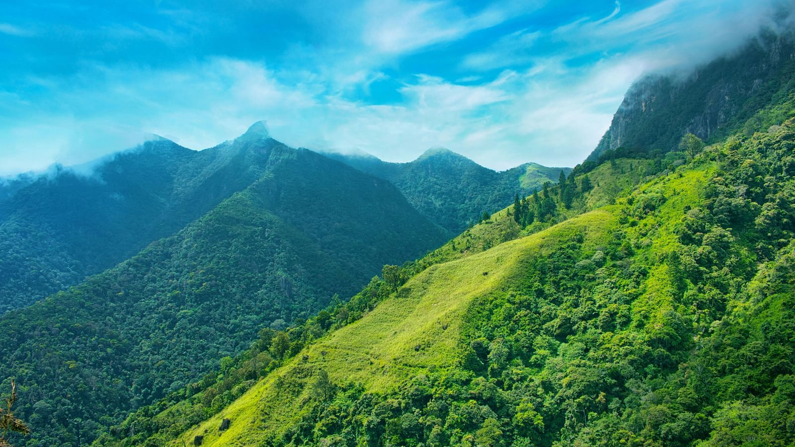 Breathtaking view of green mountains with clear blue skies.
