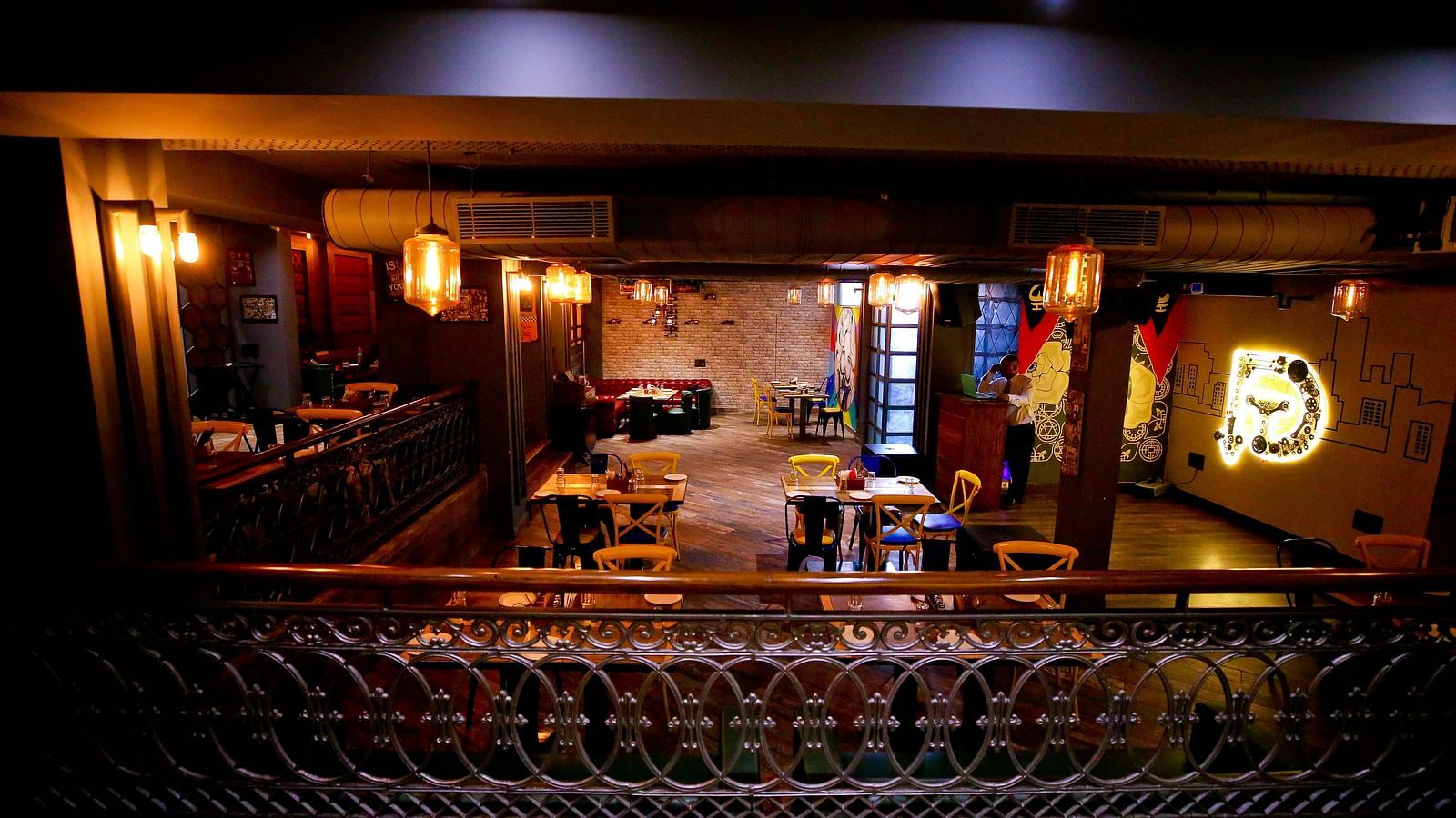 An overhead view of a restaurant featuring eclectic decor and a vintage ambience - Hotel Moti Palace, the best hotel in Agra
